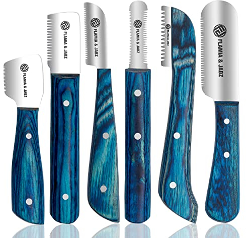 FLAMIA & JABZ Professional Stripping Knife kit (6 Pieces Set) for Dogs & Pets, Wooden Handle Grip with Stainless Steel Comb (Right Handed) (Blue)