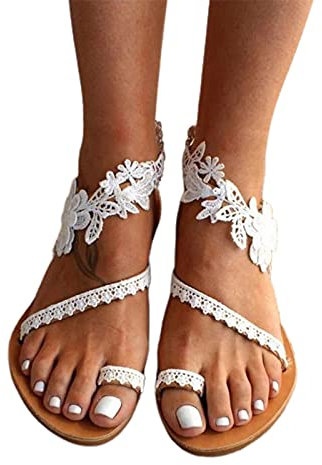 Sytaun Women Flat Sandal, Women's Sandal, 1 Pair Sandals Bohemian Style Lace Flower Design Rubber Flat-bottom Beach Shoes for Female White 39
