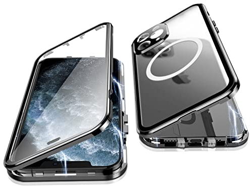 Jonwelsy Case for iPhone 11 Pro, 360 Degree Double-sided Protection Compatible with Magsafe Magnetic Adsorption Metal Bumper Front Tempered Glass Back Frosted PC Cover for iPhone 11 Pro 5.8 (Black)