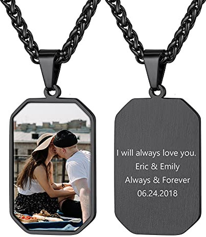 GoldChic Jewelry Personalised Photo Dog Tag Black, Men's Stainless Steel Picture Engraved Military Necklace Gifts For Father