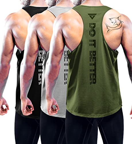 3er Pack Tank Top Herren, Ärmelloses Sport Muskelshirt Fitness Achselshirt Funktionsunterhemd, Atmungsaktive Cool Mesh Gym bodybuilding Sleeveless Funktionsshirt für Laufen Black/Gray/Green-3P05-XL