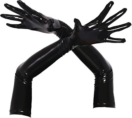 YiZYiF Frauen Glänzend Faux Leder Handschuhe Lange Sexy Stretch Latex Handschuhe Ärmel Stulpen Schwarz Rot Gogo Clubwear Schwarz S