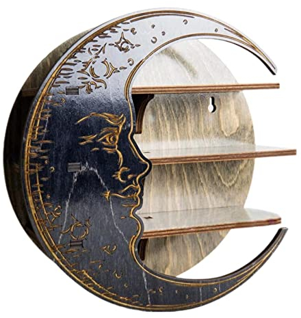 pologmase Lune - Mensola a forma di luna galleggiante in legno, mensola da parete in di luna, supporto di cristalli per scaffale per oli essenziali in soggiorno, decorazione gotica