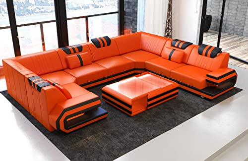 Sofa Wohnlandschaft Ragusa Ledersofa U Form - mit LED Beleuchtung, verstellbare Kopfstützen/Lederfarben wählbar/Ausrichtung wählbar (Lange Seite rechts, Orange-Schwarz)