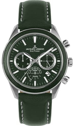 JACQUES LEMANS Herrenuhr, Eco Power Uhren Männer, Chronograph aus massivem Edelstahl mit Apfel-Leder Armband, Model 1-2115