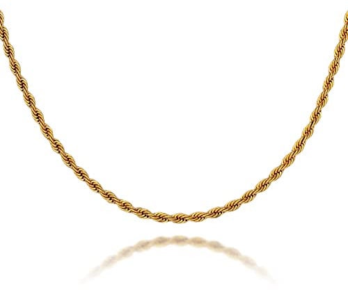 YIMERAIRE 3MM Rope Chain Necklace For Men,18k Gold Plated Stainless Steel Gold Chains Men, 24 Inches Silver Chain For Women, Hip Hop Costume Jewelry
