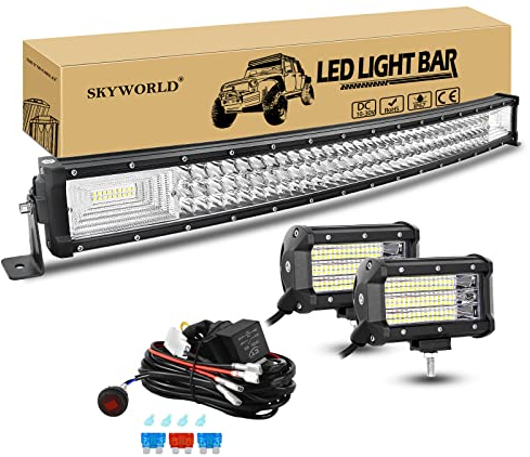 SKYWORLD Nebelscheinwerfer Gebogene LED Lichtleiste, 32 Zoll 405W Offroad LED Arbeitsscheinwerfer Bar mit 12V kabelbaum kit, 2Pcs 4 Zoll 135W Zusatzscheinwerfer Led Strahler für Auto SUV LKW 4x4