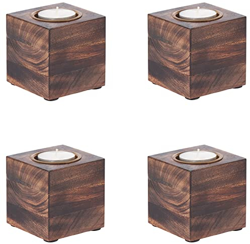 MARRAKESCH 4er Set Teelichthalter aus Holz Massiv 7,5cm Massivo Dunkel Braun als Hochzeitsdeko oder Tischdeko Massivo