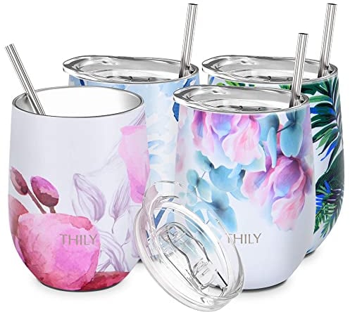 THILY Stainless Steel Stemless Wine Tumbler 4 Pack Vacuum Insulated Travel Wine Glasses with Sliding Lids and Straws, 12 oz, Keep Cold for Juice, Coffee, Beer, Flower Series
