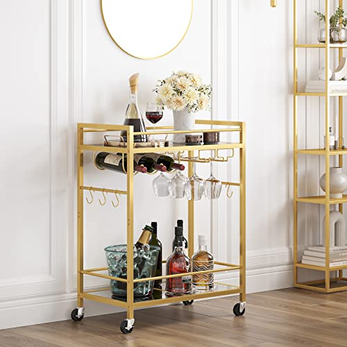 TUTOTAK Barwagen, Servierwagen für Zuhause, Getränkewagen, mobiles Küchenregal mit Weinregal und Glashalter, rollender Getränkewagen, Gold BC01BB031