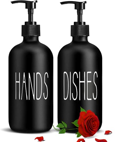 COHOSEGE Glass Soap Dispenser Set 2 Pack,Contains Hand and Dish Soap Dispenser.Premium Kitchen Soap Dispenser Set for Kitchen Decor and Farmhouse Decor .16 Oz Black Soap Dispenser with Pumps -Black