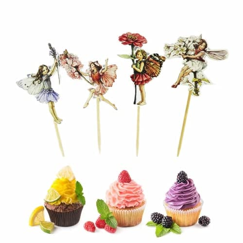 48PCS Pretty Fairy Cupcake Toppers Fairy Flower Theme Cupcake Decoration Birthday Set Paper Cupcake for Girls Kids Birthday Supplies