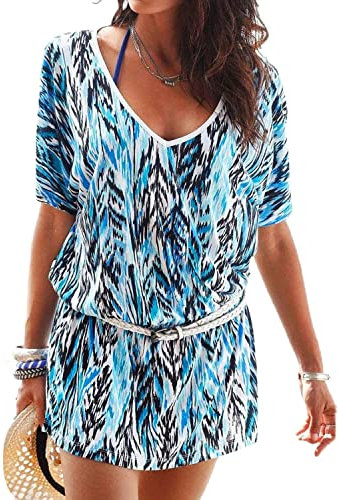 JFAN Vestido Playa Mujer Mini Vestidos de Cintura Elástica Impresa Bikini Cover Up Camisolas y Pareos de Verano Azul M
