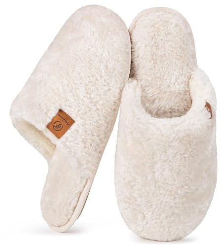 EverFoams Damen Scuff Hausschuhe Gemütlich Weiches Flauschiges Kunstalpaka Memoryschaum Leichte Rutschfeste Pantoffeln Creme Weiß, 36-37 EU