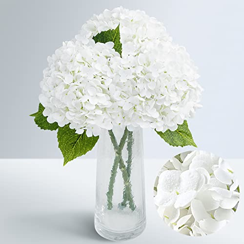 Waipfaru 21 Real Touch White Hydrangea Artificial Flowers with Long Stem & Leaves, Full Latex Faux Hydrangea Flowers for Home Decor Party Floral Arrangements Wedding Bouquets Centerpieces, 3Pcs