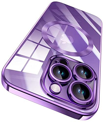 sheheme für iPhone 14 Pro Hülle,mit Kameraschutz [Kompatibel mit MagSafe] [Nie Gelb] [Unzerstörbarer Militärschutz] Clear Starker Magnet Case, Glänzende Beschichtung Kratzfeste Handyhülle (Lila)