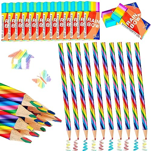 ENAIAH 24 Stück Regenbogenfarben Set 12 Regenbogenstift und 12 Stück Weiche 2B Radiergummi 4 in 1 Regenbogen Buntstifte Regenbogen Radiergummi Regenbogenstift, Für Studenten Schulbedarf