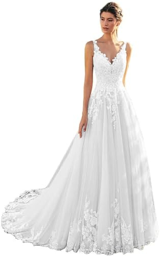 Beyonddress Damen Spitze Brautkleider Hochzeitskleid Elegant Lange V-Ausschnitt Tüll Appliques Brautmode Brautkleider für Braut