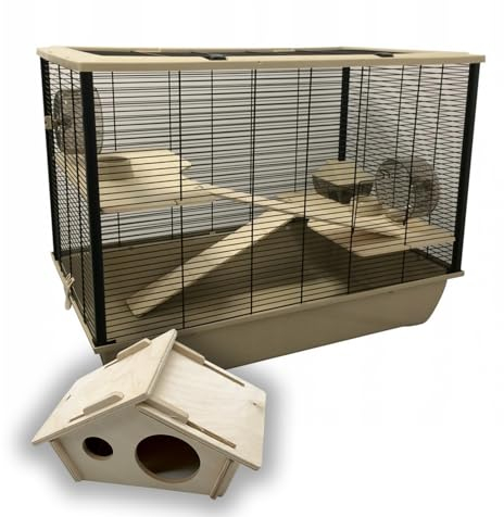 Holzhaus + ZooPaul Hamster-Hasen-Käfig mit Holz Podest und Leiter beige