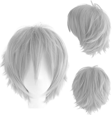 Dcbaboo Perücke Grau Perücke Halloween Damen Grey Wig 30cm Perücken Hellgrau Kurz Perücke Herren Männer Cosplay Anime Perücke Glatt Gerade Synthetisches Haar Kostüm Party Karneval Perücke mit Pony