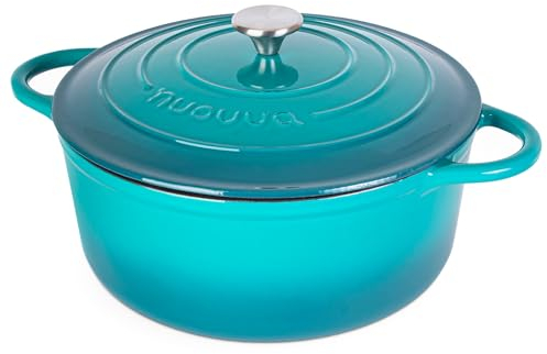 Cocotte en Fonte Émaillée – Casserole Faitout avec Couvercle, Antiadhésif, Marmite pour Induction et Four, 6.9 Liter – Turquoise – par Nuovva