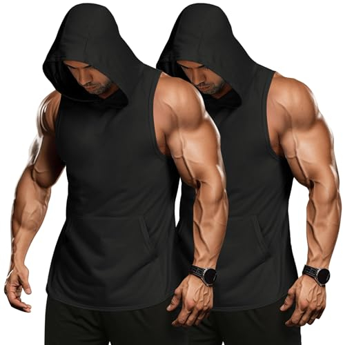 COOFANDY Herren Tank Tops Fitness Shirts Muskelshirts Gym Bodybuilding Shirts Workout Cut Off Muscle T Shirt Ärmelloser Hoodie Sport Shirt Männer Schwarz/Schwarz(2 Stück) L