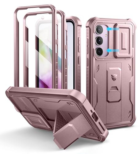 Dexnor pour Coque Samsung Galaxy A55【Double Cadre Avant et Support】 avec CaméRa Coulissante Intégrée & Protecteur d'écran, Coque de Protection Robuste Résistante Aux Chocs - Poudre Pivoine