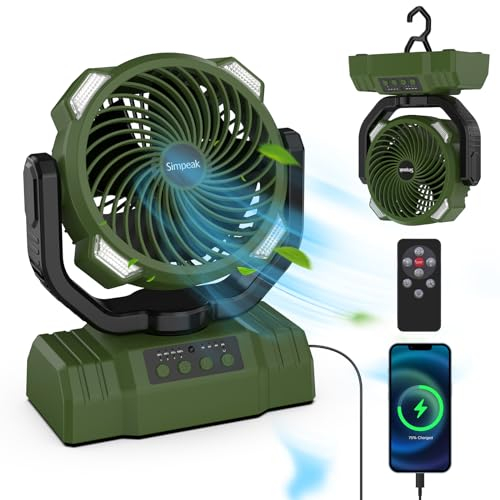 Simpeak 10000mAh Camping Ventilator Tischventilator, USB Ventilator Leise, Automatisch den Kopf schütteln Lüfter mit Fernbedienung und LED Licht [4 Geschwindigkeit] [540° Drehung] - Grün
