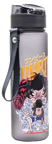 Luffy Trinkflasche Sport Auslaufsicher Einhandöffnung Sichere Verriegelung Spülmaschinenfest Abnehmbare Schnürung Wasserflasche mit 3D gedruckter Zeichentrickfigur für Fitnessstudio Oudoor Gym Schule