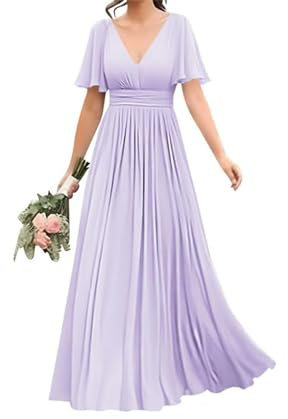 WSEYU Vestido de dama de honor con cuello en V para boda, vestidos largos de gasa para fiesta formal, Lila, 36