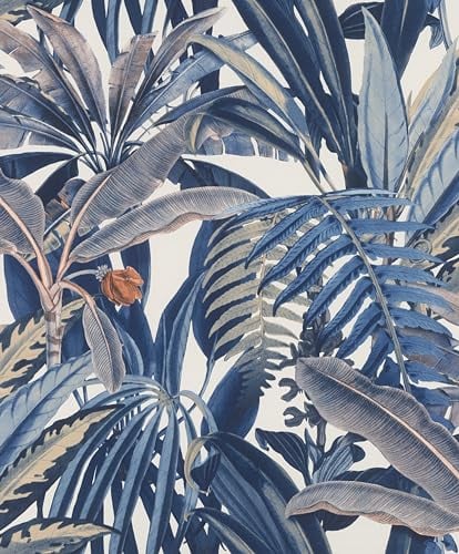 Rasch Symphony 689501 Papier peint intissé Motif feuilles exotiques Bleu et gris 10,05 m x 0,53 m