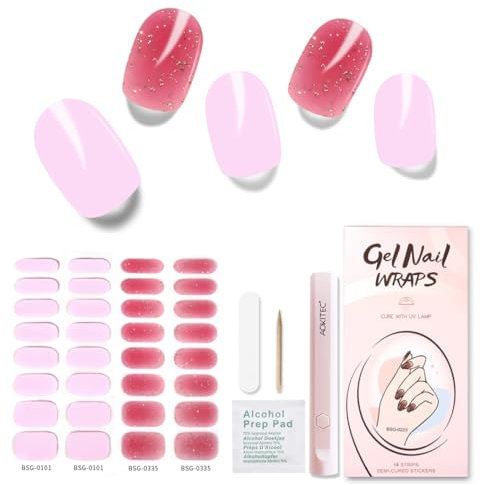 Aokitec Nagelfolie UV Härtend mit UV Lampe, 2x16 Stück UV Nagelfolie【Genießen Sie Schönheit &schützen Sie natürliche Nägel】Langlebige Nagelfolie Selbstklebend Gel Strips für DIY Nail Art, Glitzer Rosa