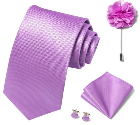 Einfarbiges Krawatten-Set für Herren, Taschentuch, Manschettenknöpfe, Brosche, 8 cm, klassisch, formell, Krawatte, Einstecktuch, Veilchen, Standard
