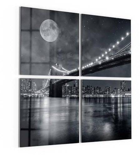 DEQORI Glasbilder Echtglas | Motiv Mond über Manhattan | quadratisch 4-teilig 4x50x50 cm | große XXL Deko | Wandbilder für Wohnzimmer, Schlafzimmer, Flur & Küche | moderne Wanddeko