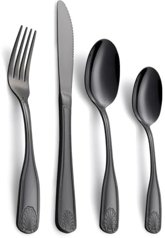 Deeny Jarte 16-teiliges schwarzes Besteck-Set, Edelstahl-Besteck für 4 Personen, Besteck mit Muschel-Design, spiegelpoliert und spülmaschinenfest, inkl. Gabeln, Löffel und Messer