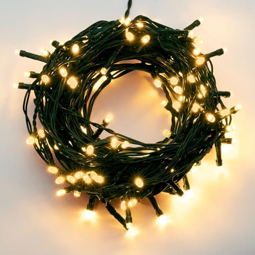 Hellum Cadena de luces exterior 400 LED ámbar, cadena de luces LED con temporizador, cadena de luces para interior del árbol de Navidad 39,9 m <59 lúmenes, cable verde 151985