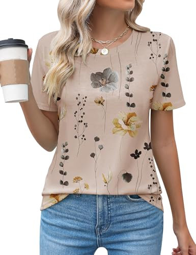 Rapbin Women's Fashion 2024 Summer Tops Dressy Casual Crewneck Short Sleeve Blouses Cute Tunic T-Shirts,Khaki Floral,XXL