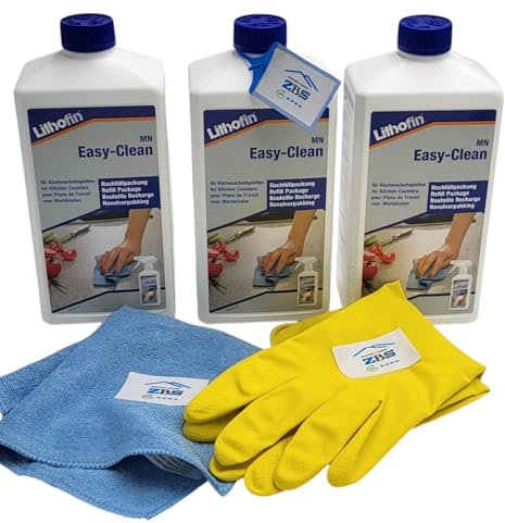zbs24 Lithofin MN Easy-Clean, Reiniger für Küchenarbeitsplatten, Tische und den Sanitärbereich, Set mit Handschuhen und praktischem Mikrofasertuch 30x30cm (3 x 1 Liter)