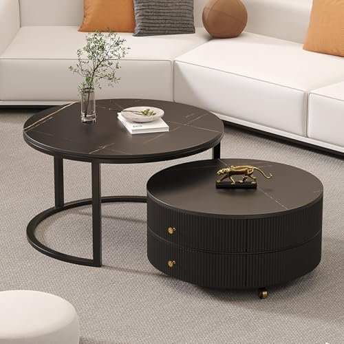 DIHRVTHC MDF Moderne Beistelltisch Runder Couchtisch 2er Set, Metallgestell, Kleiner Beistelltisch Mit Stauraum, Für Empfangszimmer, Balkon, Und Büro, Wohnzimmer, Satztisch(Nero,70cm)