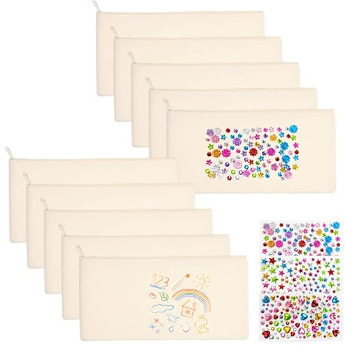 QUNXON 10 Stück DIY Blanko Stoffbeutel zum Bemalen, Federmäppchen, Mäppchen zum Bemalen mit Glitzersteine Selbstklebend, Schminktasche für Kinder，Stoffbeutel mit Reißverschluss, 21x12cm