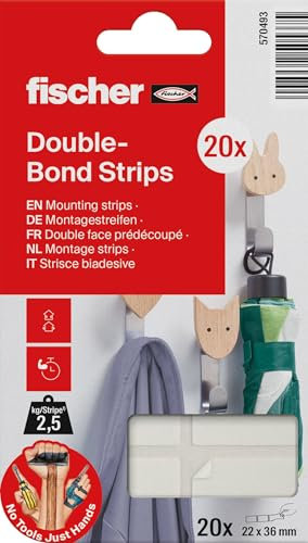 fischer Montagestreifen, dopelseitige Klebestrips, starkes Klebeband, einfach wieder ablösbar, Aufhängung ohne Bohren oder Schrauben, für Bilder, Deko, Haken, uvm., 20 Strips