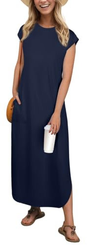 PrinStory Women's Maxi Dress With Pockets Cap Sleeves Summer Dresses For Ladies Casual Lightweight Sundress Beach Party Office Wear (Navy Blue,L)