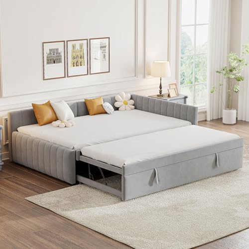 VilroCaz Full Size Upholstered L-Shaped Daybed with Twin Size Pop Up Trundle, Modern Sofa Bed with Stylish Striped Design, Maximize Space (Gray-L28)