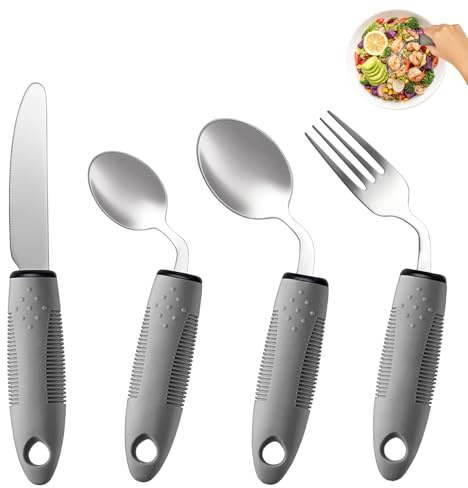 Parkinson Besteck (4-teilig) – 42° Winkel Adaptives Besteckset bei Parkinson, Handzittern und Arthritis, Gewichtetes Besteck, Ergonomische Esshilfen mit rutschfestem Griff