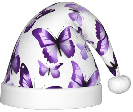 PUYhgb Weihnachtsmütze mit Schmetterlings-Aufdruck, Unisex, Weiß / Lila, Weihnachtsmütze, ideal für Weihnachten, Cosplay