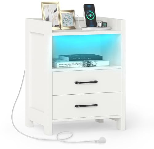 COSTWAY Nachttisch mit LED-Lichtern und Ladestation, Beistelltisch mit 2 Schubladen, offenen Fächern & Fernbedienung, Sofatisch, Nachtschrank für Boxspringbett, 45 x 35 x 60 cm (Weiß)