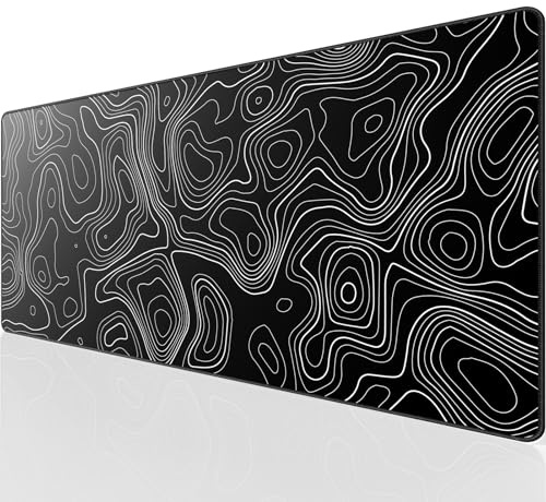 KTRIO Large Gaming Mouse Pad 900 x 400 mm, Black Topographic XXL Desk Mat | Extended Mouse Mat with Non-Slip Base, Stitched Edges, Water-Resistant Keyboard Pad for Gamer, Office & Home