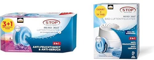 Pattex AERO 360° Bundle: 3+1 Lavendel‑Nachfülltabs (450g) + Luftentfeuchtergerät fürs Bad zur Reduzierung von Feuchtigkeit und Gerüchen.