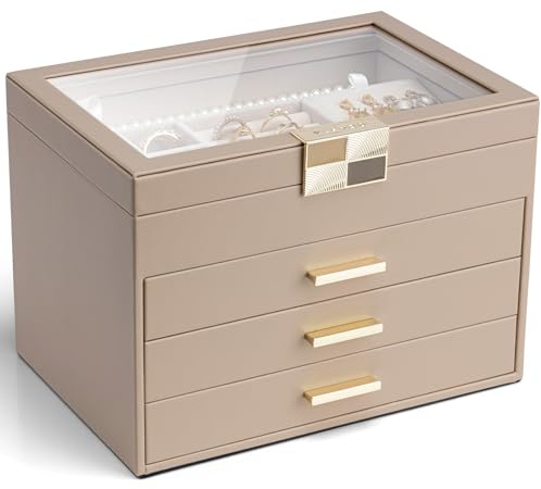 VLANDO Schmuckkästchen Groß, Schmuckaufbewahrung mit 4 Ebenen, PU leader | Schmuckbox für Halsketten,Ohrringe,Uhren,Armbänder，Wohndekoration,Transparente Abdeckung, Geschenk für Damen，Milchkaffee