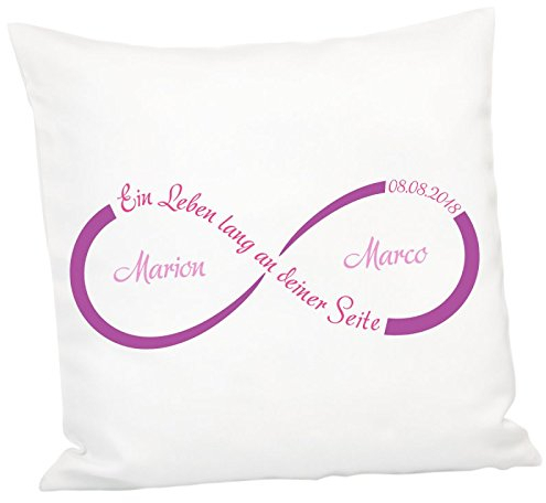 Geschenke 24: Kissen - Unendlichkeit mit Personalisierung (Lila) - personalisiertes Kuschelkissen - Romantisches Zierkissen mit Namen und Datum